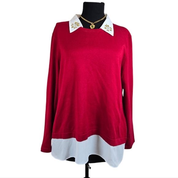 Investments Petite Red with White Collar & Hem Long Sleeves Sweatshirt - Size PL - Picture 1 of 7